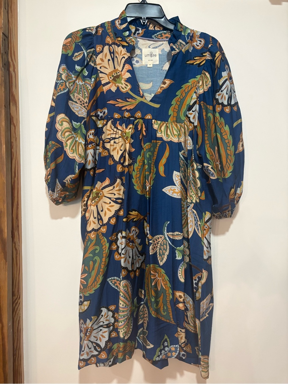 Umgee Navy Paisley Midi Dress with Green & Cream Accents
